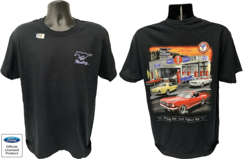 Ford Mustang T-Shirt Black Pony Gas Service Station Scene (2005–2015)