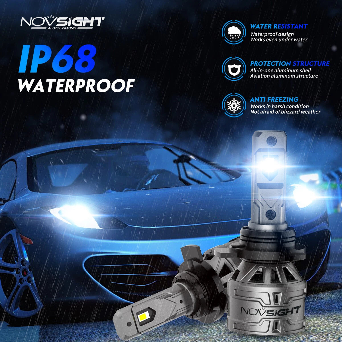 2X 9012 HIR2 LED Headlight Bulbs for NOVSIGHT (6500K, 30000LM, 60W)