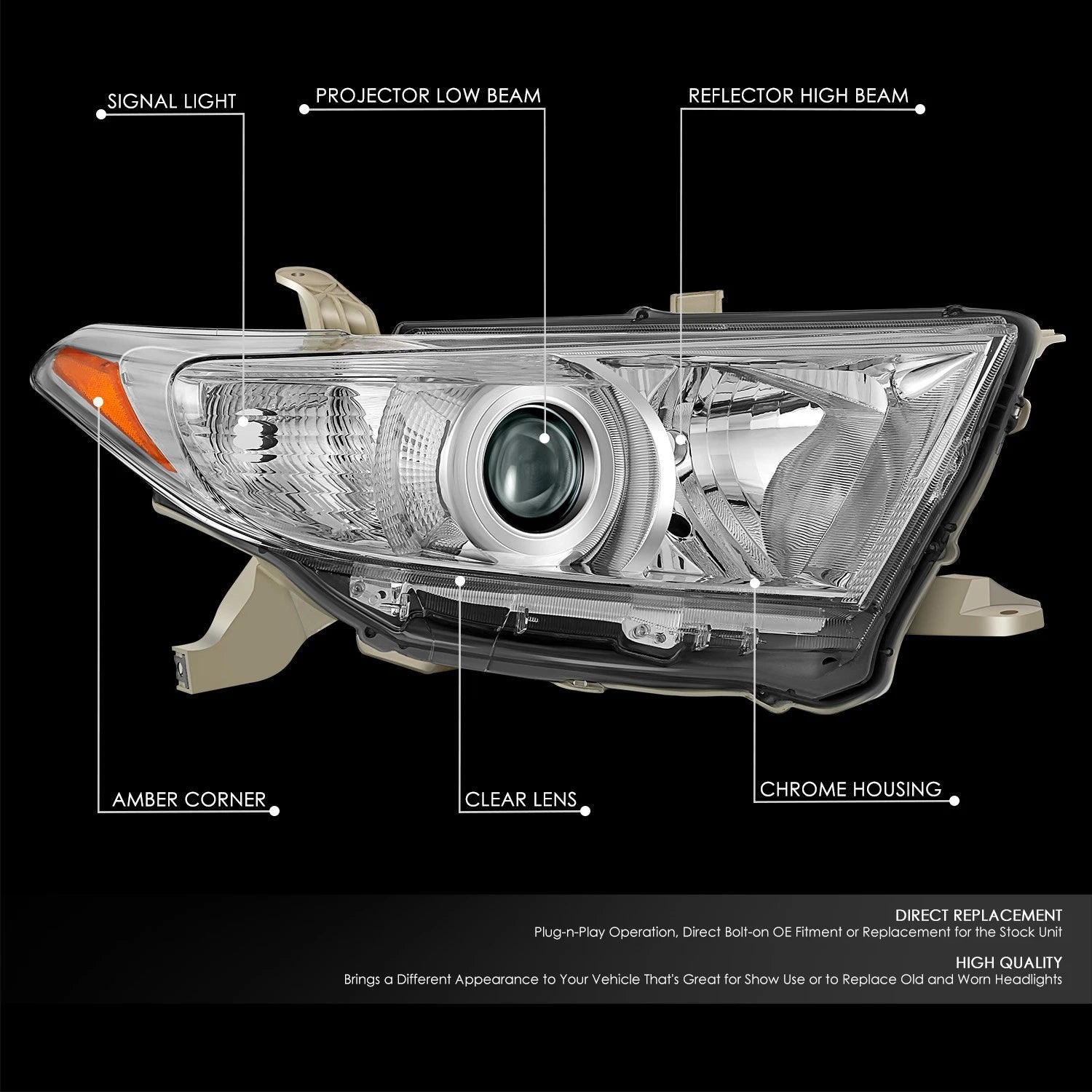Chrome Amber Projector Headlight for Toyota Highlander (2011–2013)