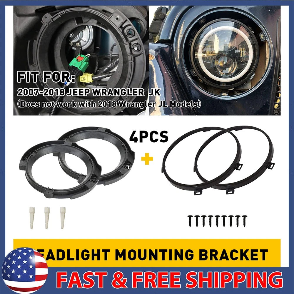 Set of 4 Headlight Mount Bracket Rings for Jeep Wrangler JK (2007–2018)