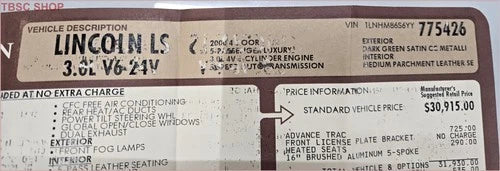 Original Dealer Window Sticker for Lincoln LS V6 3.0L (2000)