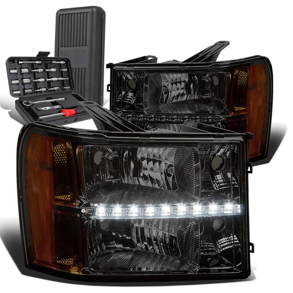 LED DRL Smoked Housing Amber Side Headlights for GMC Sierra (2007–2014)