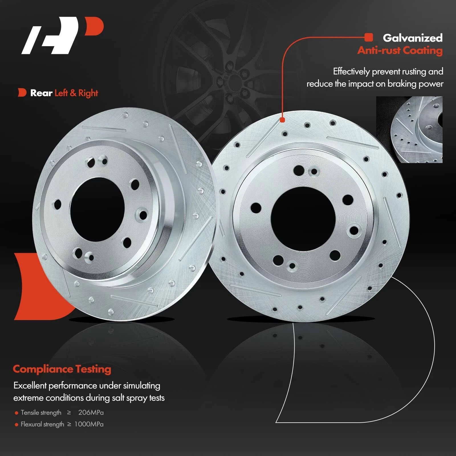 Set of 2 Rear Drilled Brake Rotors & Ceramic Pads for Hyundai Elantra (2011–2012)