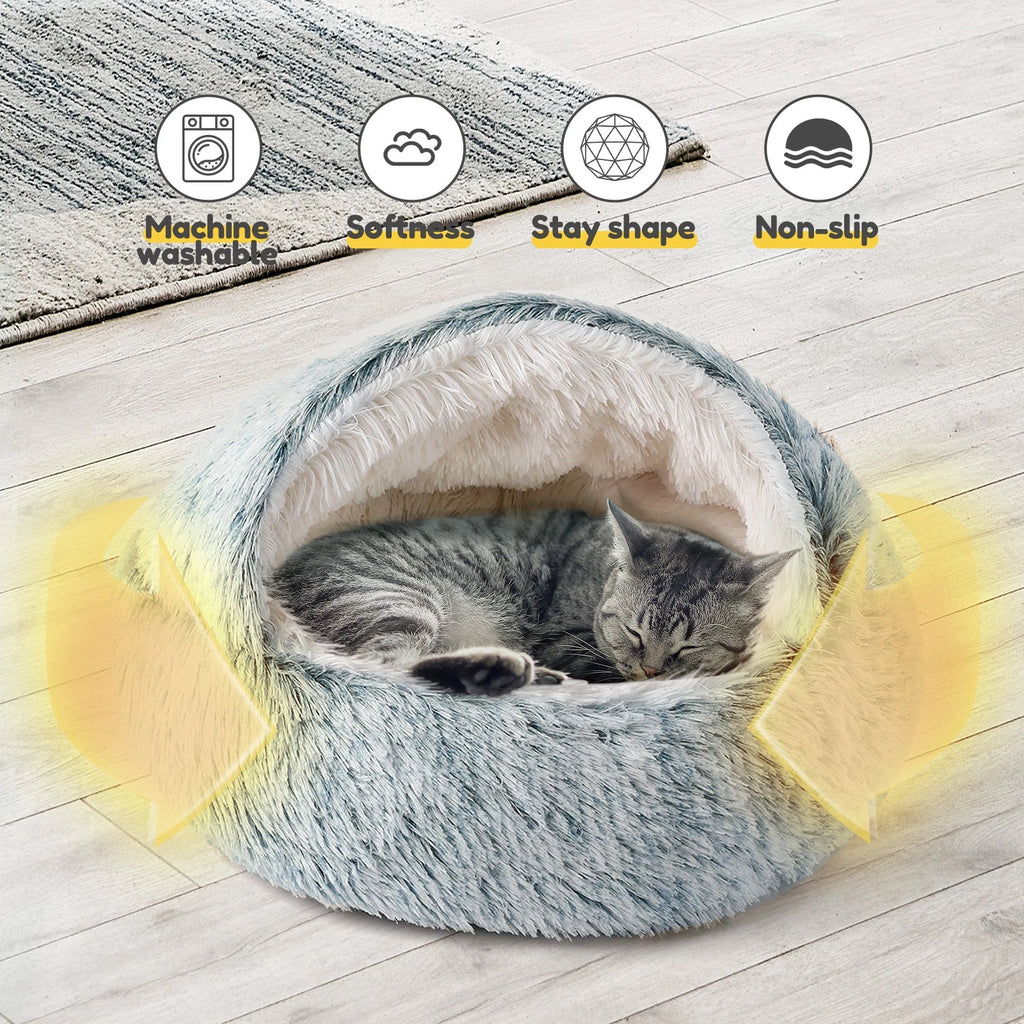 Cozy Cat Pod Plush Hooded Cat Bed Cave Self Warming Non-Slip Bottom Gray