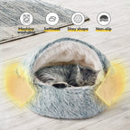 Cozy Cat Pod Plush Hooded Cat Bed Cave Self Warming Non-Slip Bottom Gray