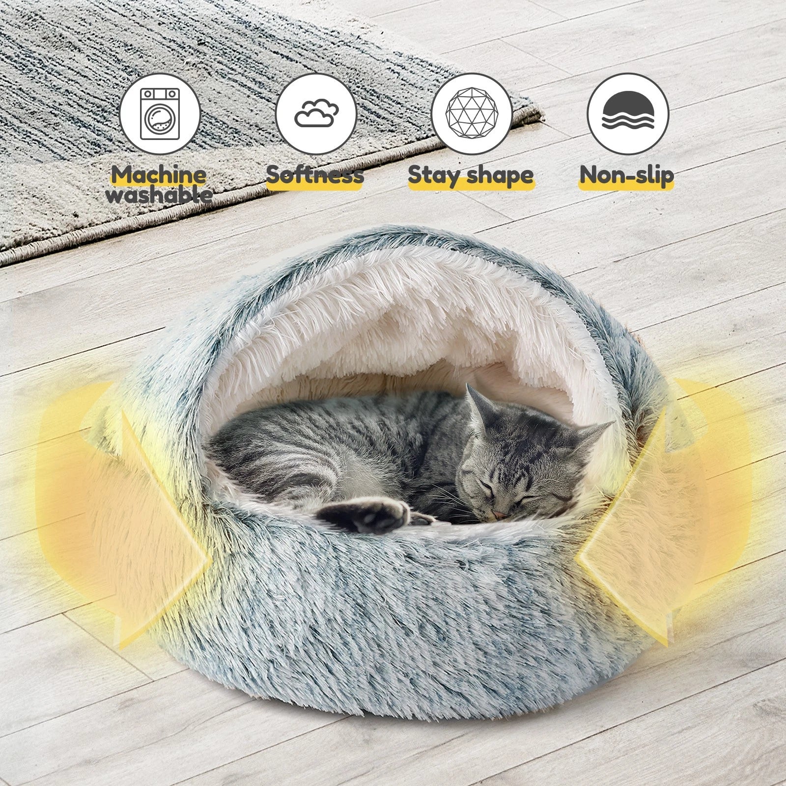 Cozy Cat Pod Plush Hooded Cat Bed Cave Self Warming Non-Slip Bottom Gray