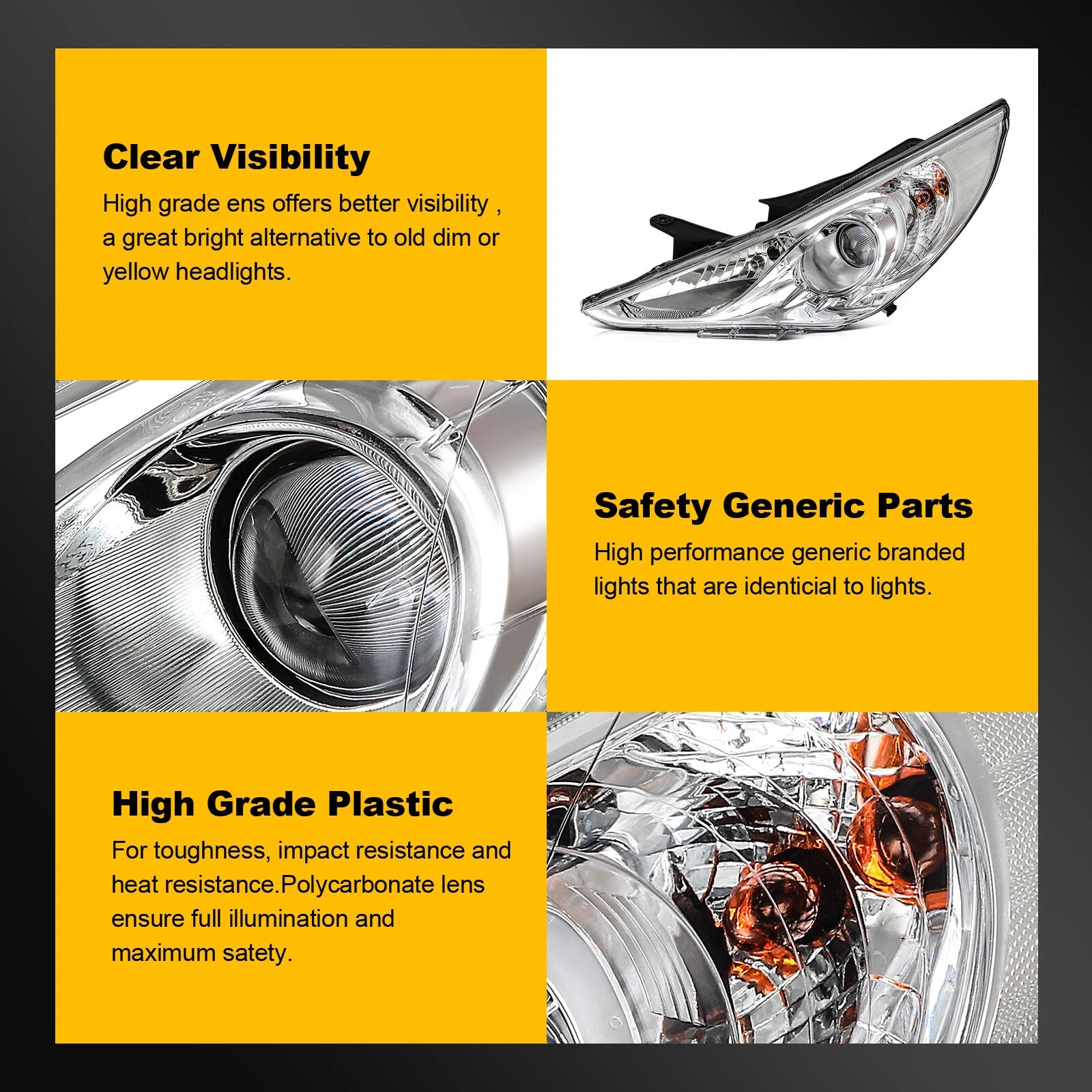Headlight Assembly for Hyundai Sonata (2011–2014) Chrome Housing Pair
