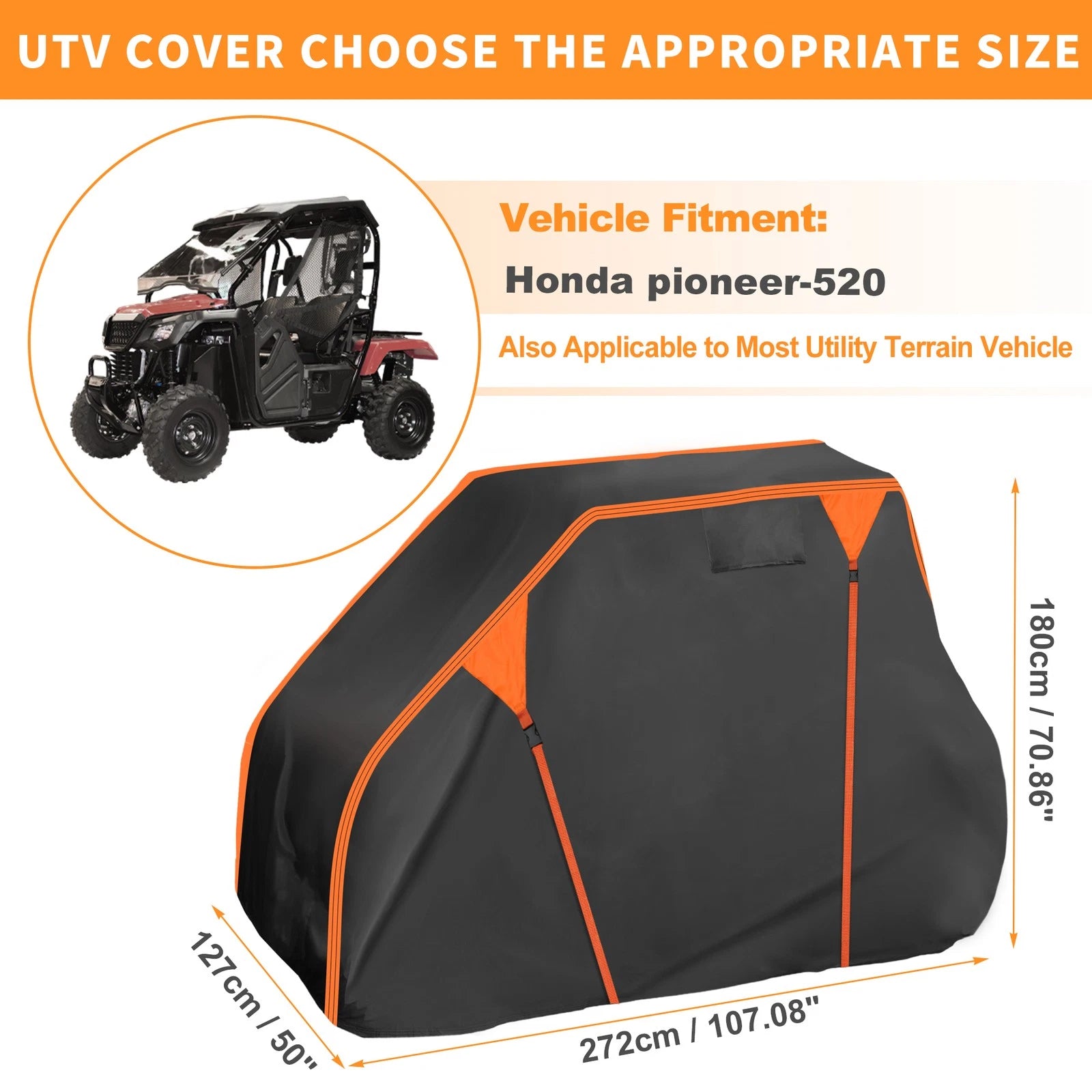 Waterproof UTV Cover for Honda Pioneer 520 (2016–2023) Black 210D PU