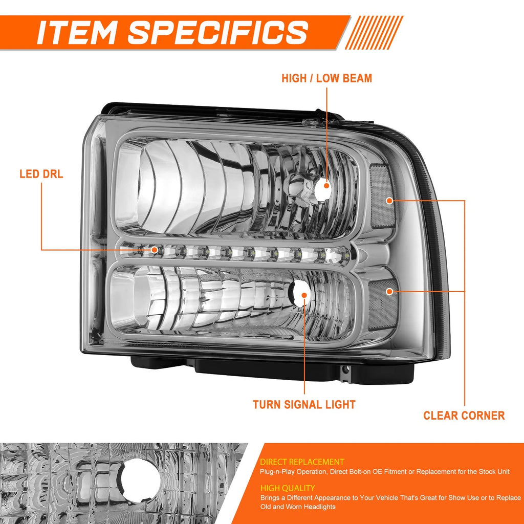 LED DRL Chrome/Clear Headlights for Ford F250-F550 Super Duty Excursion (2005–2007)