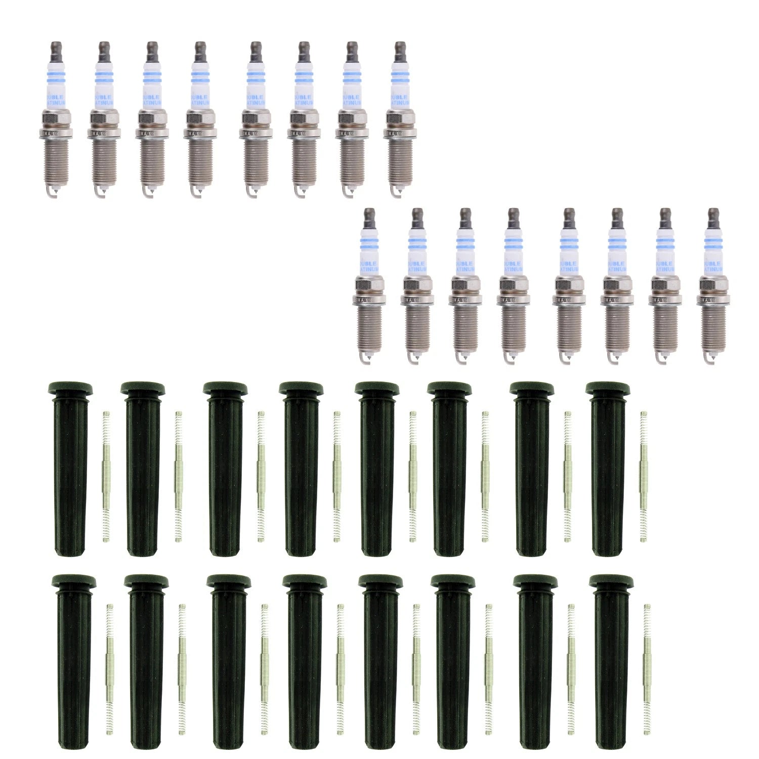 Set of 16 Bosch Double Platinum Spark Plugs & NGK Coil Boots for RAM 3500 (2002–2023)
