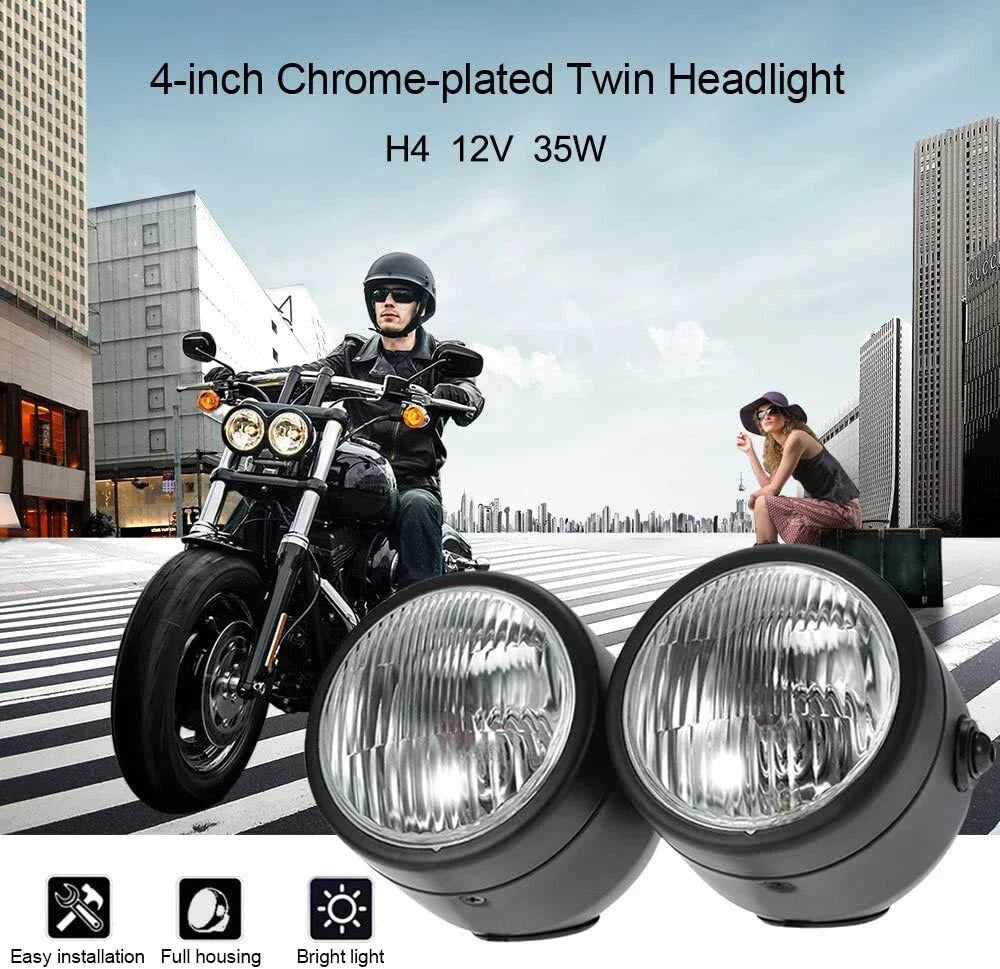 Black Twin Headlight Dual Lamp for Motorcycle Street Fighter Universal