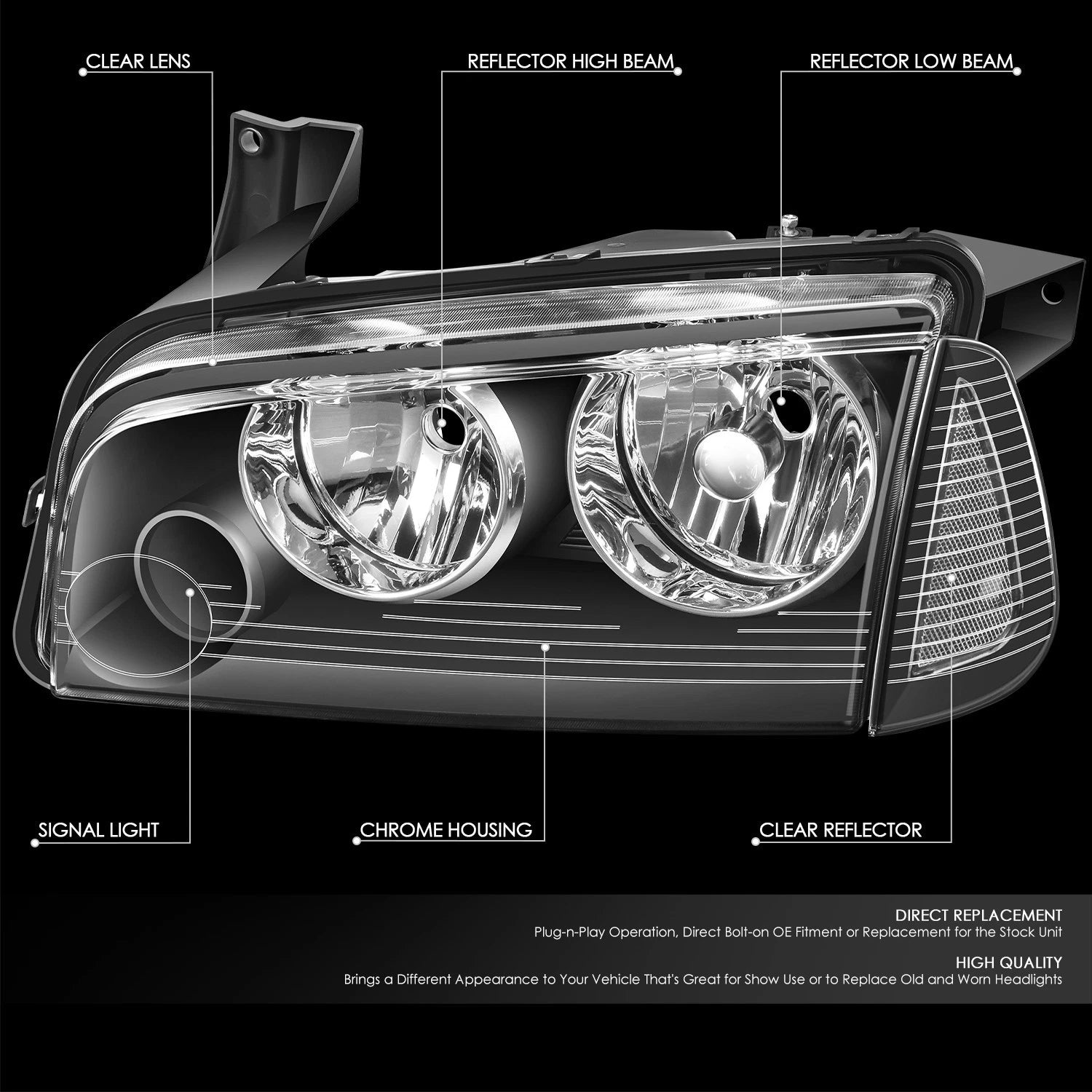 Pair of Black Housing Headlights for Dodge Charger (2006–2010)
