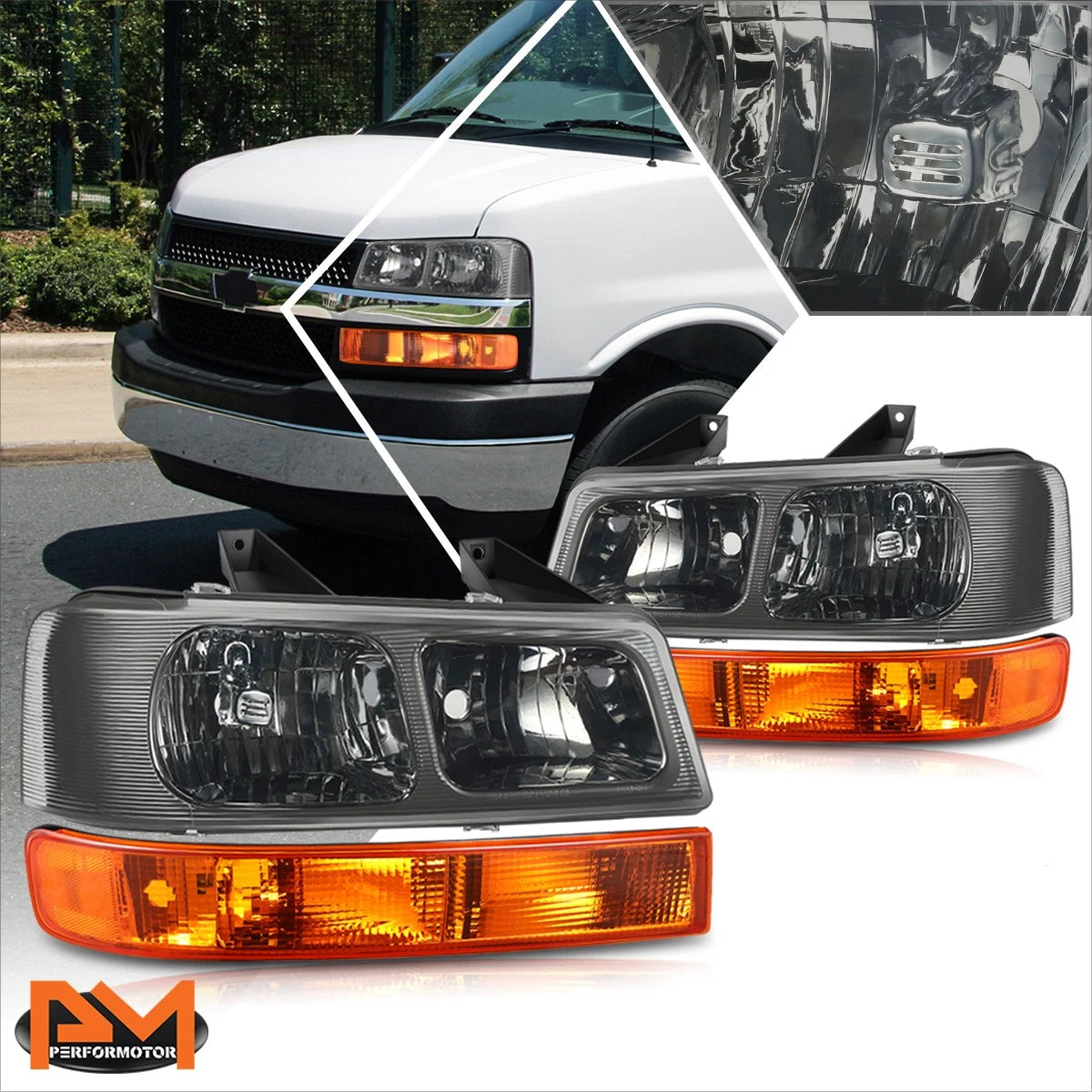 Set of 4 Headlights & Turn Signal Lamps for Express/Savana 1500-4500 (2003–2024) Smoked/Amber