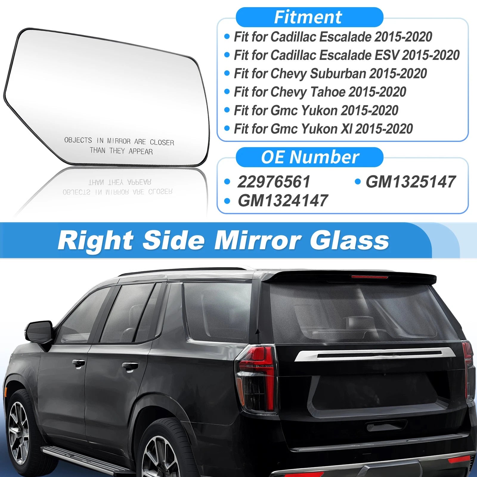 Right Side Heated Mirror Glass for Chevy Suburban Tahoe (2015–2020) 22976560