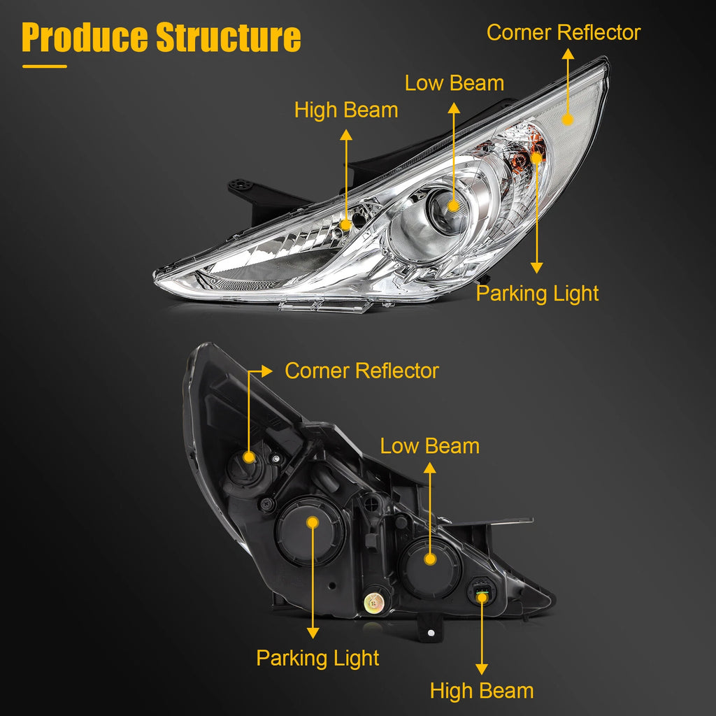 Headlight Assembly for Hyundai Sonata (2011–2014) Chrome Housing Pair
