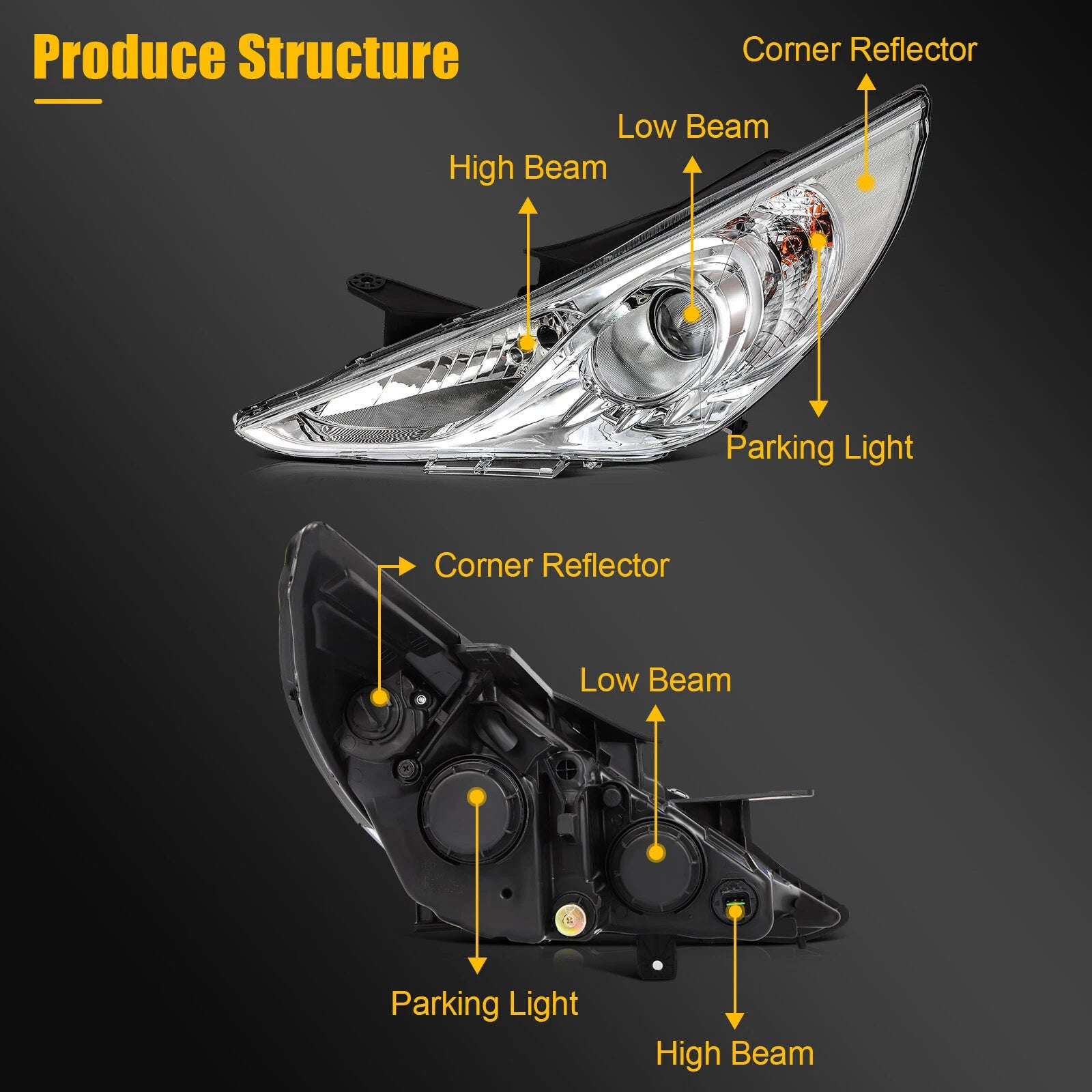 Headlight Assembly for Hyundai Sonata (2011–2014) Chrome Housing Pair