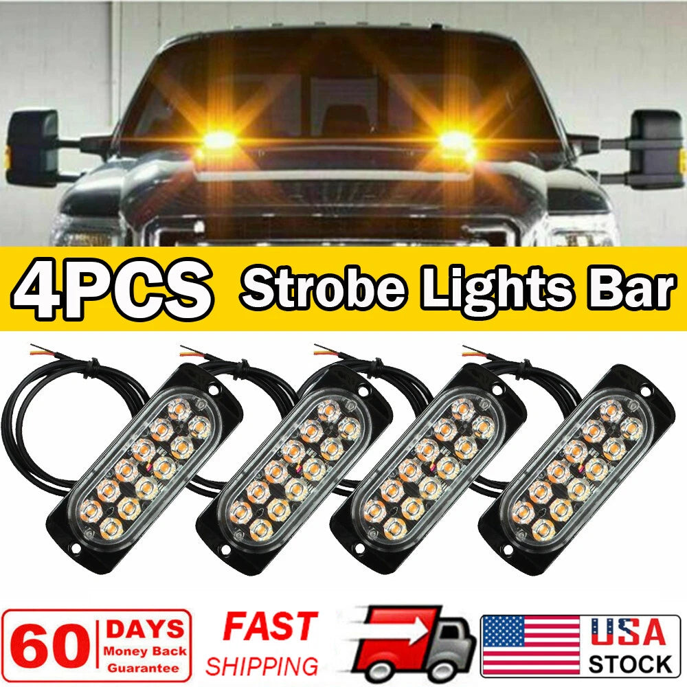 Set of 4 Amber LED Beacon Warning Strobe Lights for Car Truck