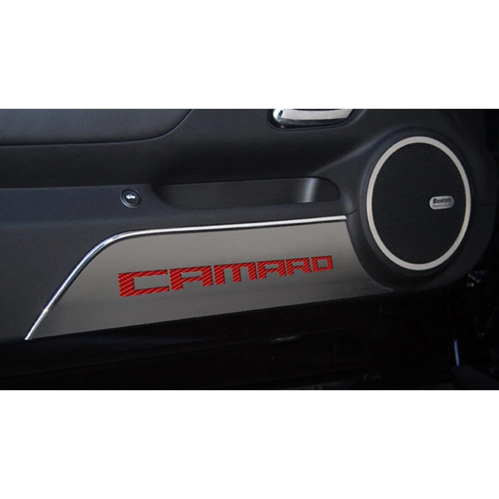 Door Panel Kick Plates w/Red Carbon Fiber 'Camaro' Inlay for 10-15 Chevy Camaro