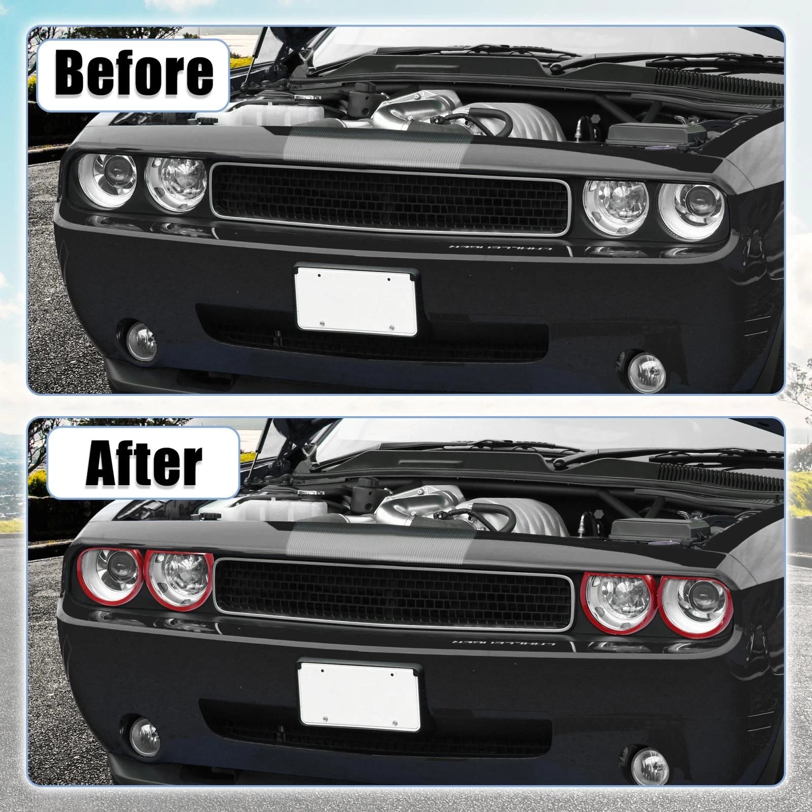 Set of 4 Red Headlight Cover Trim Rings for Dodge Challenger (2015–2021)