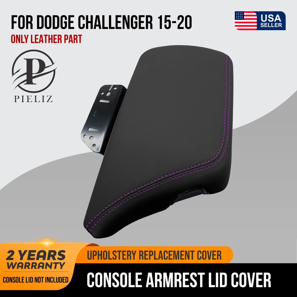Leather Console Lid Armrest Cover for Dodge Challenger (2015–2020) Purple Stitch