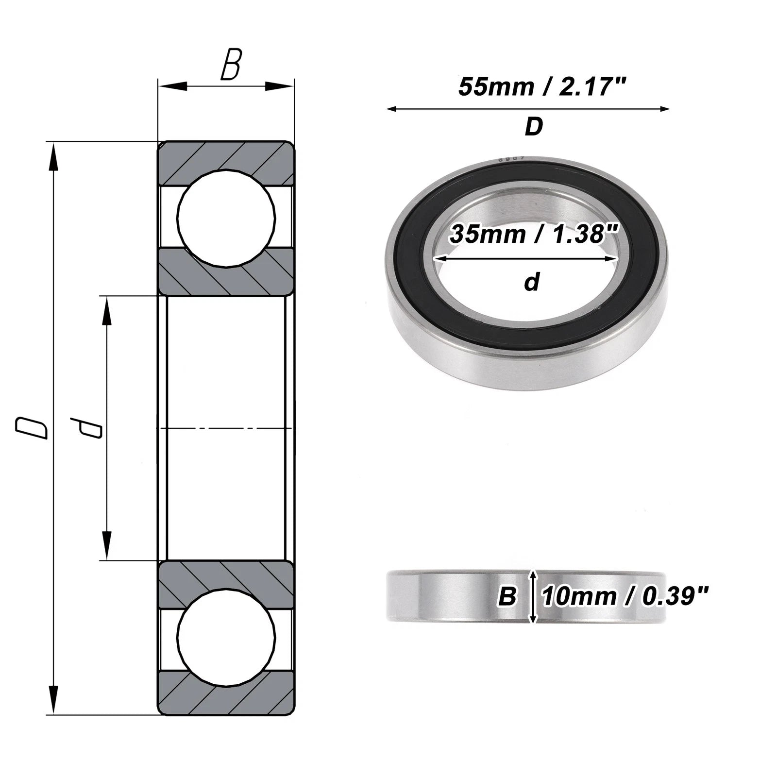 Deep Groove Ball Bearing 6907DDU for Scooter Skateboard Wheel (35x55x10mm)