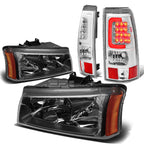 Set of 2 Black Crystal Headlight + Corner + Chrome 3D LED Tail Light for Silverado (2003–2007)