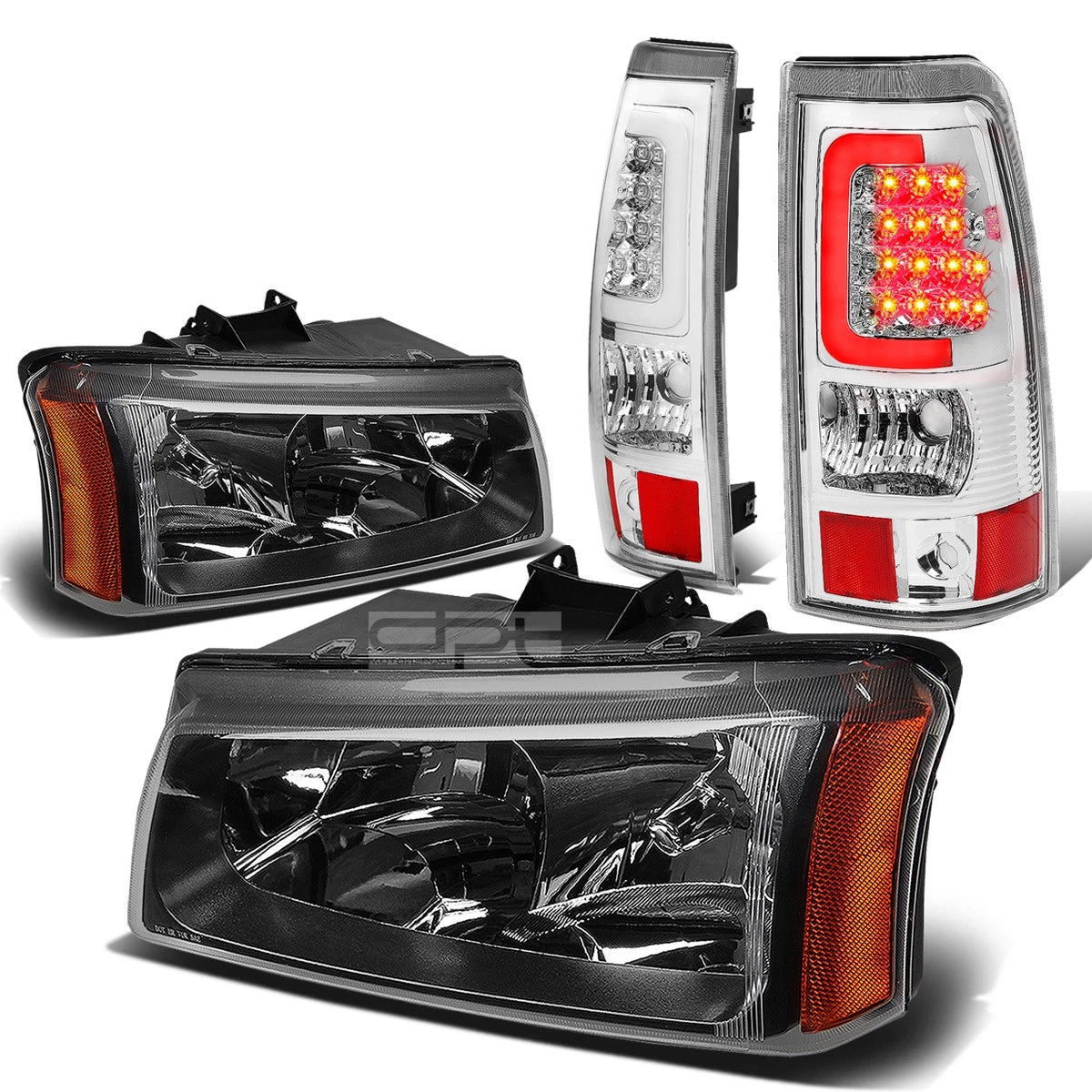 Set of 2 Black Crystal Headlight + Corner + Chrome 3D LED Tail Light for Silverado (2003–2007)