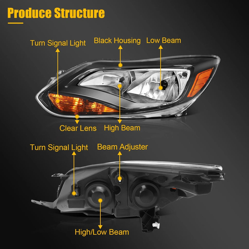 2X Headlight Assembly for Ford Focus (2012–2014) Black Amber Housing