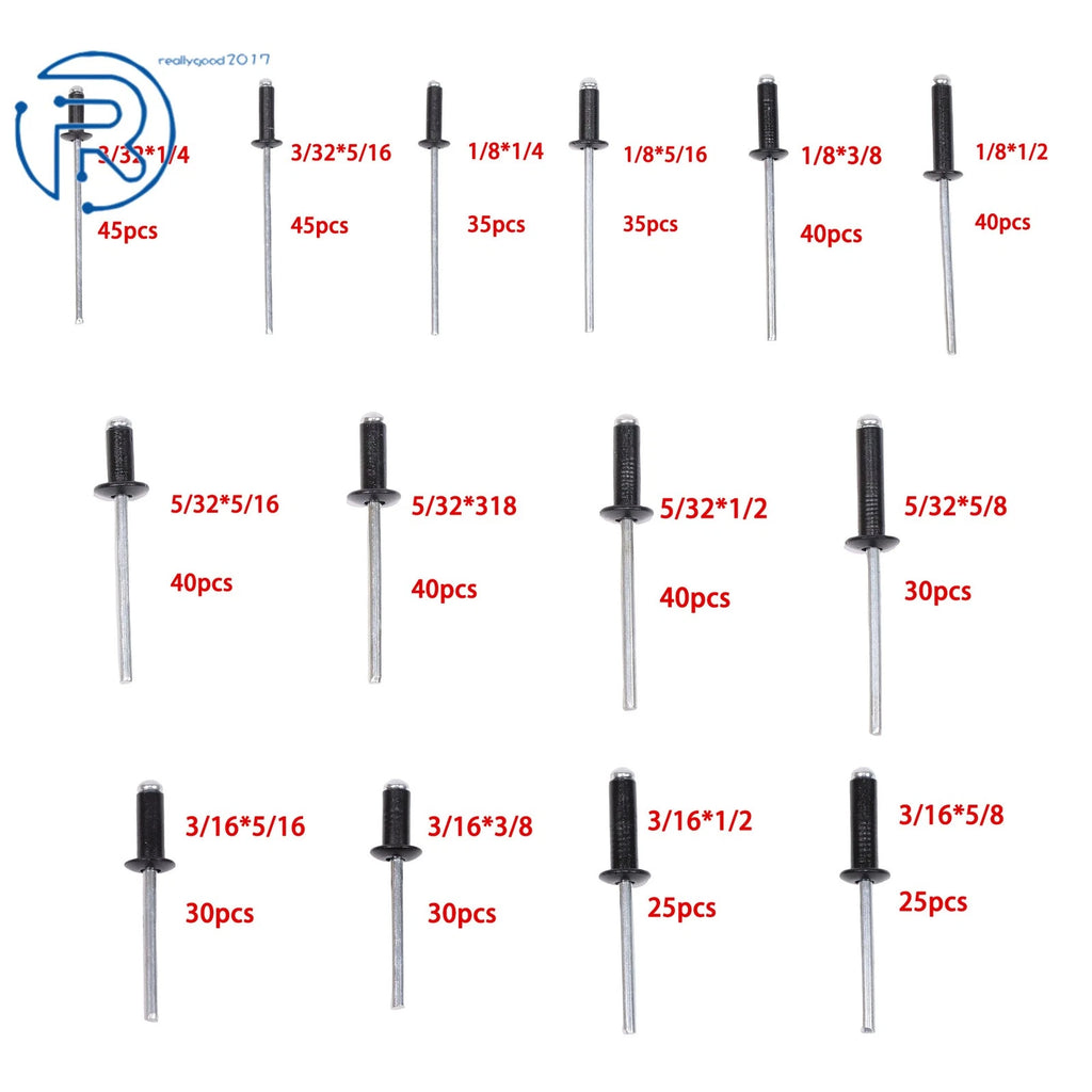 500-Pack Aluminum Rivet Kit (3/32", 1/8", 5/32", 3/16")