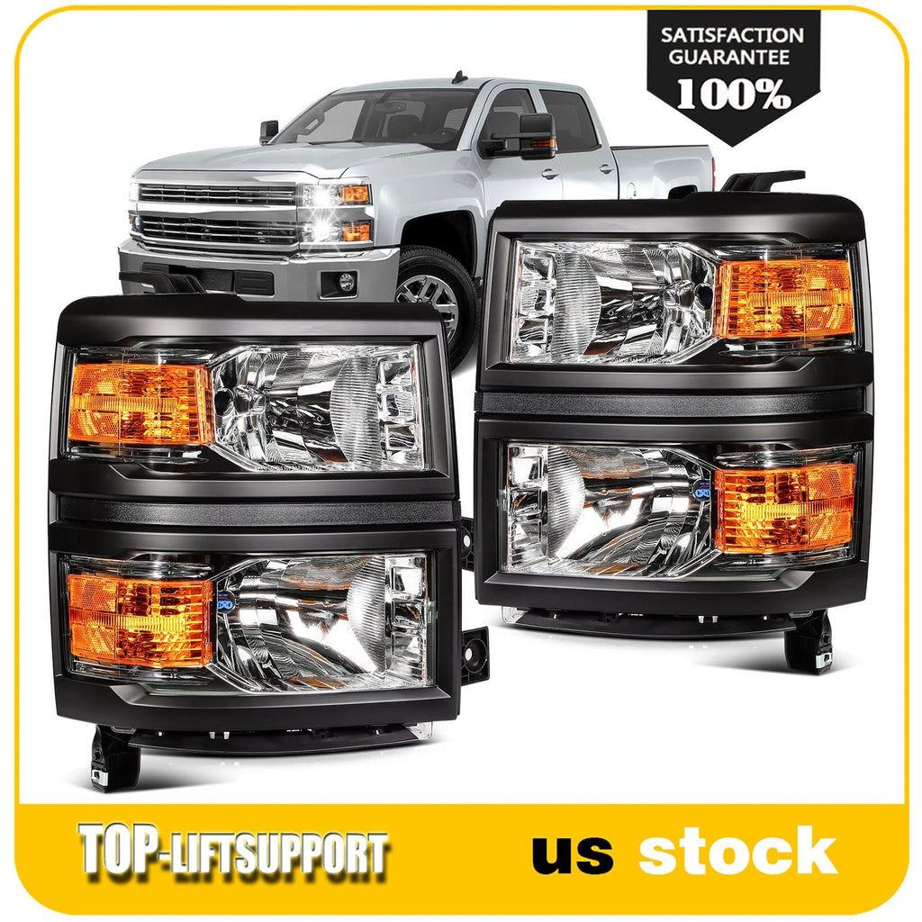 Pair Headlights for Chevy Silverado 1500 (2014–2015) Black Amber Reflector