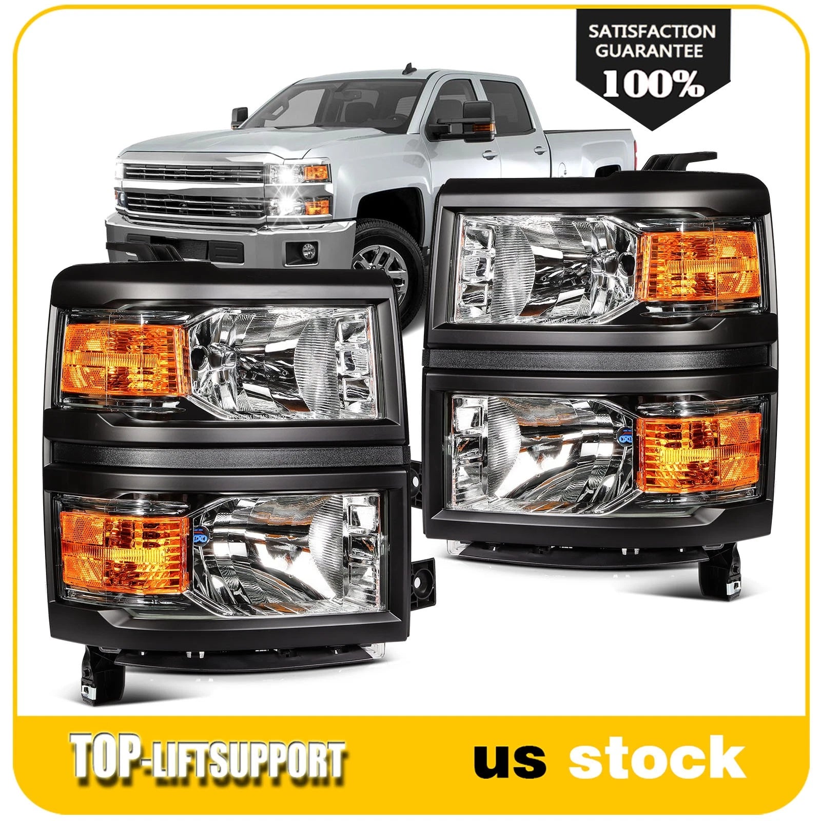Pair Headlights for Chevy Silverado 1500 (2014–2015) Black Amber Reflector