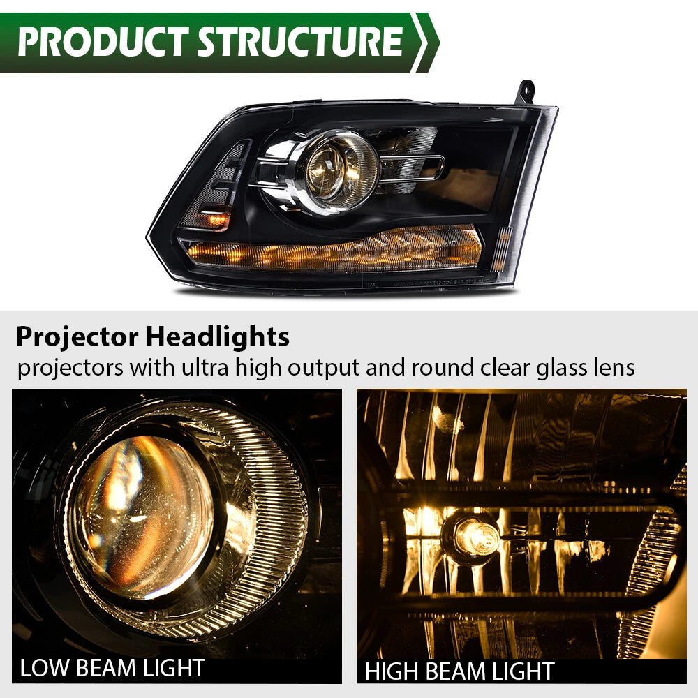 Clear Black Projector Headlights with LED DRL for Ram 1500 2500 3500 (2009–2018)