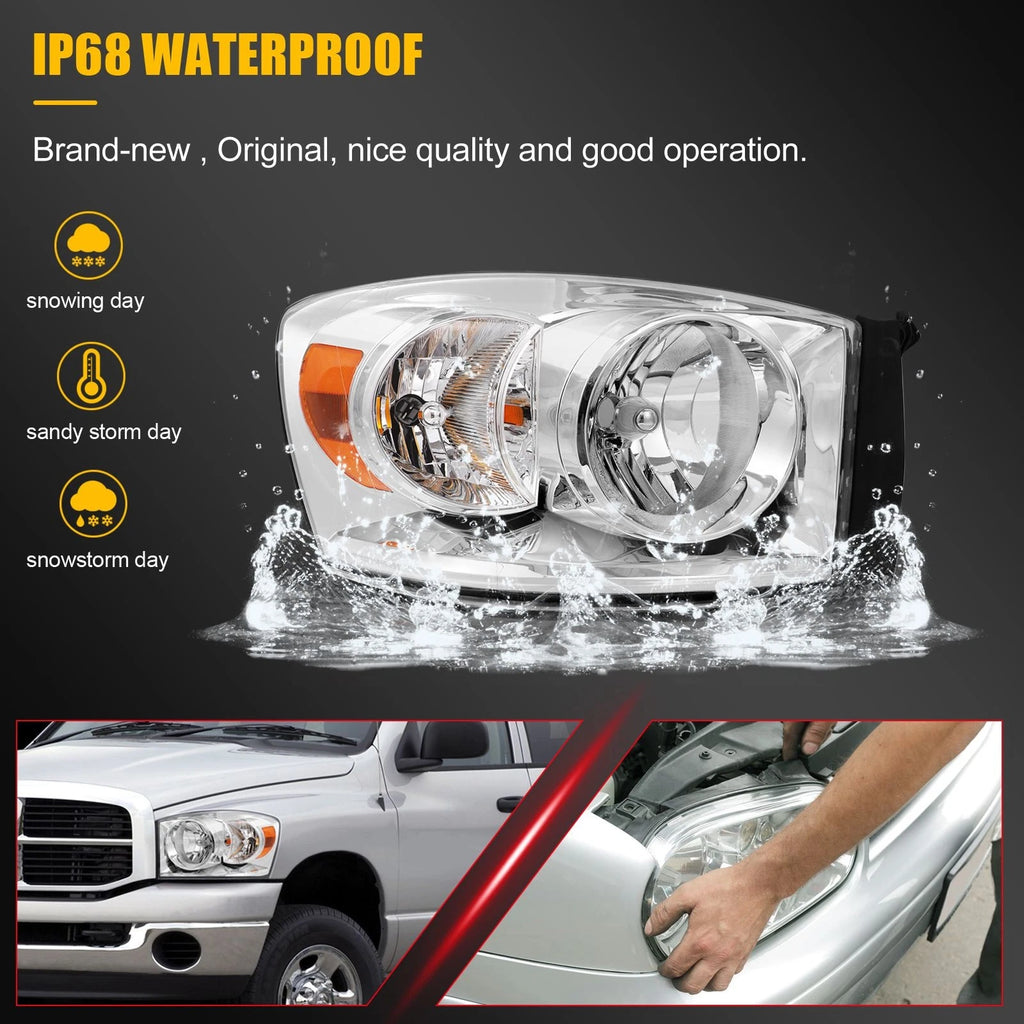 2Pcs Pair Headlights for Dodge Ram 1500 2500 3500 (2006–2009) Chrome Housing