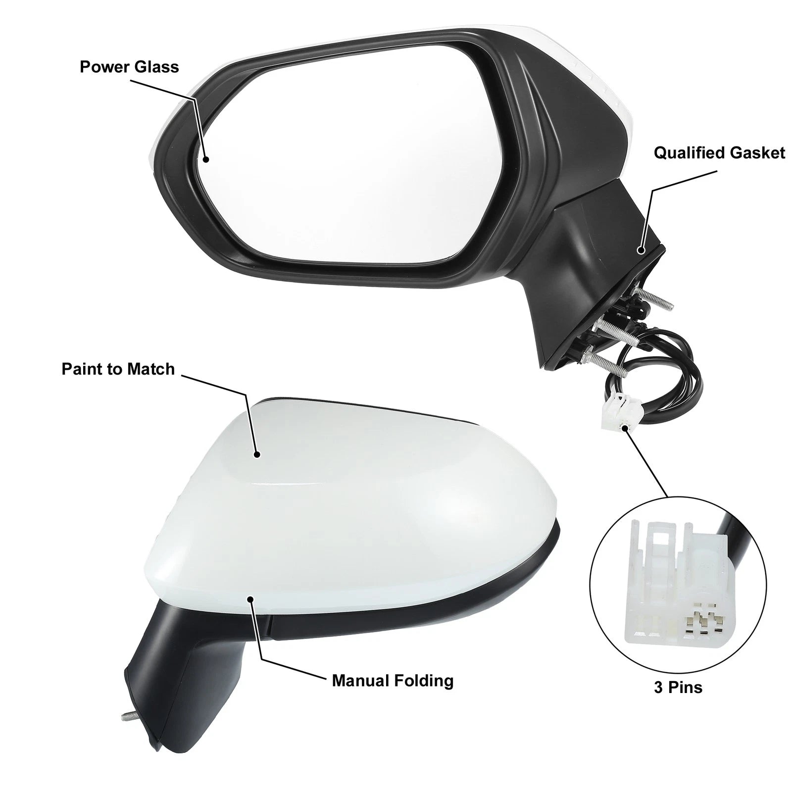 3 Pin Left Side Exterior Door Mirror Assembly for Toyota Corolla (2020–2022)
