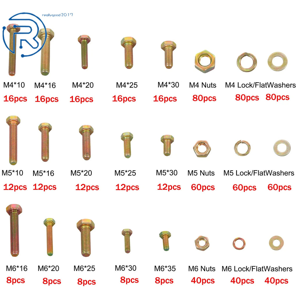 Set of 720 Hexagon Bolts, Nuts, and Washers for Automotive Use