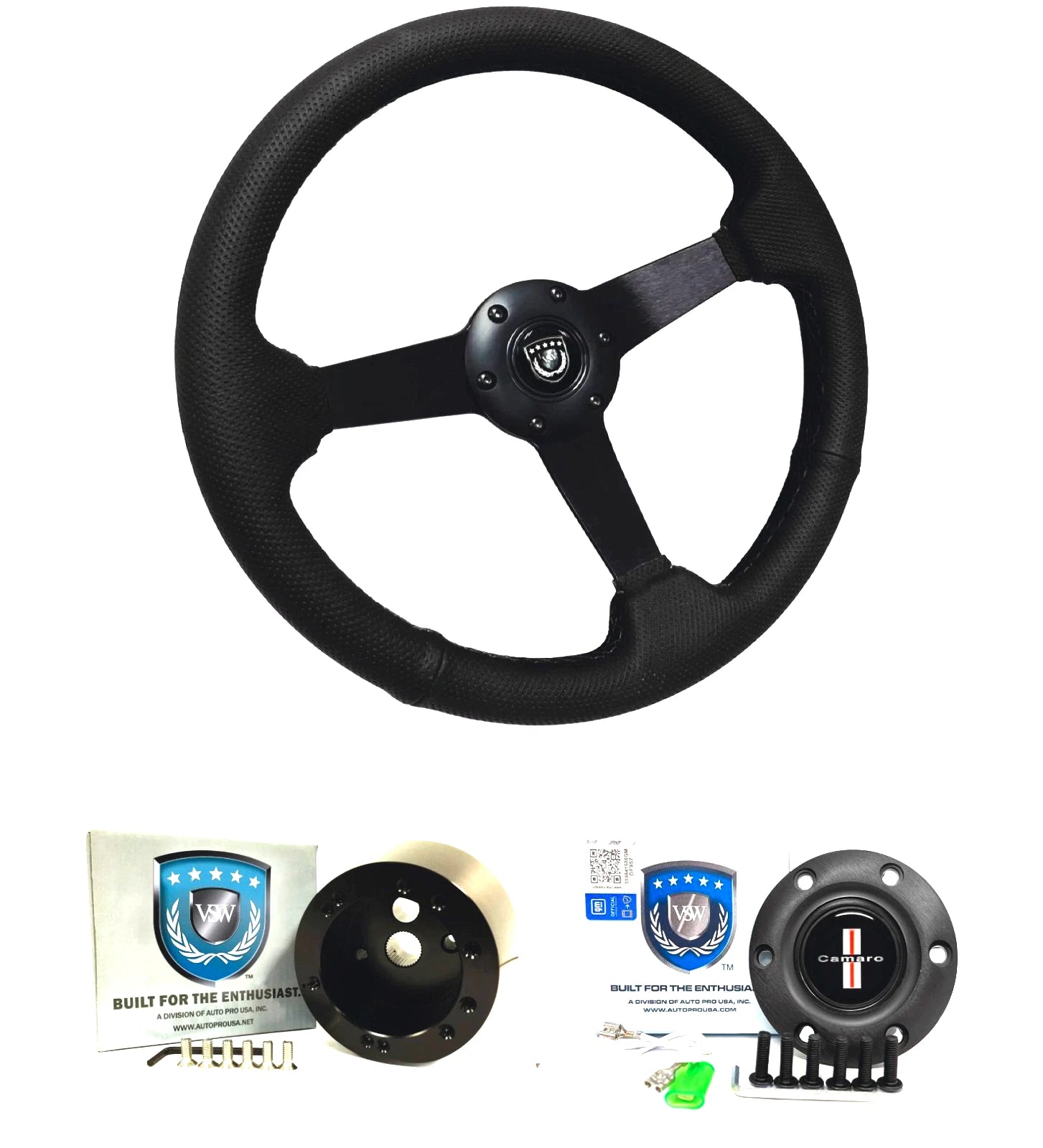 Perforated Black Leather Steering Wheel Kit for Chevy Camaro (1969–1994)