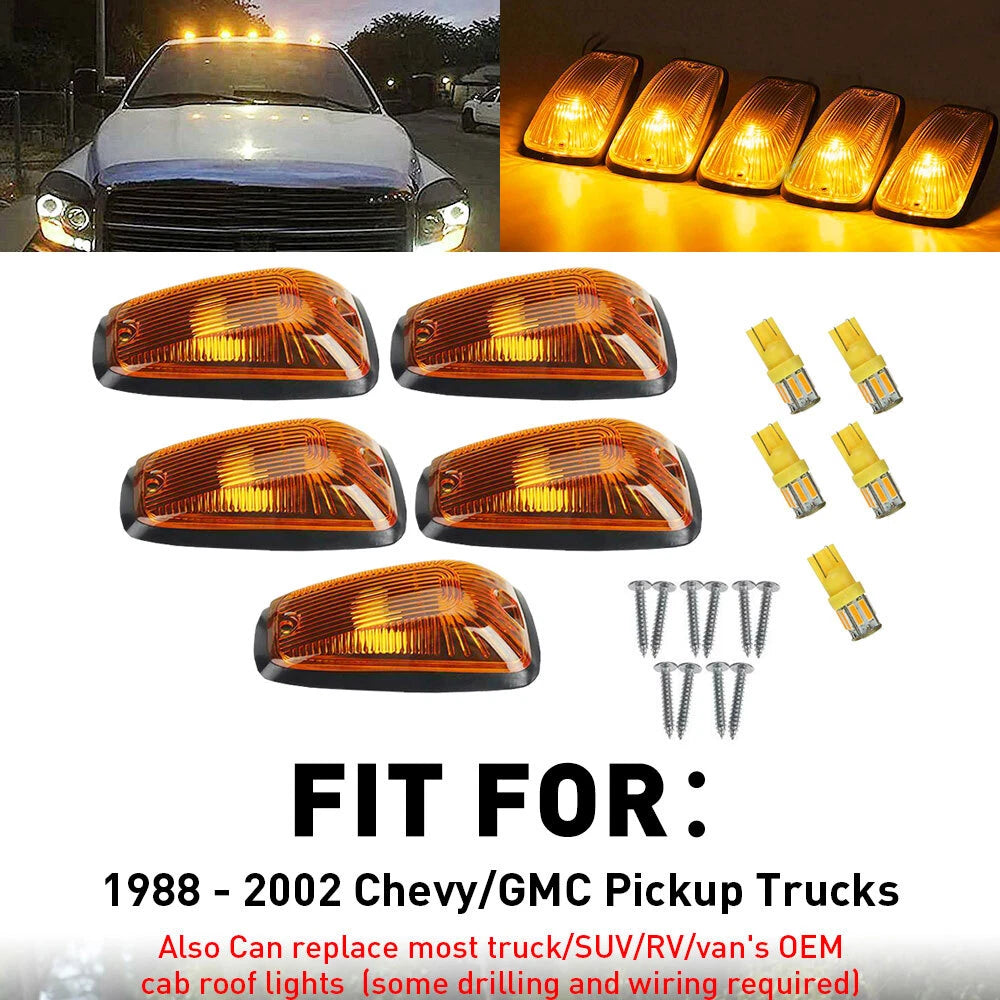 5x Cab Roof Marker Light Yellow Amber LED for Chevy GMC Pickup (1988–2002)