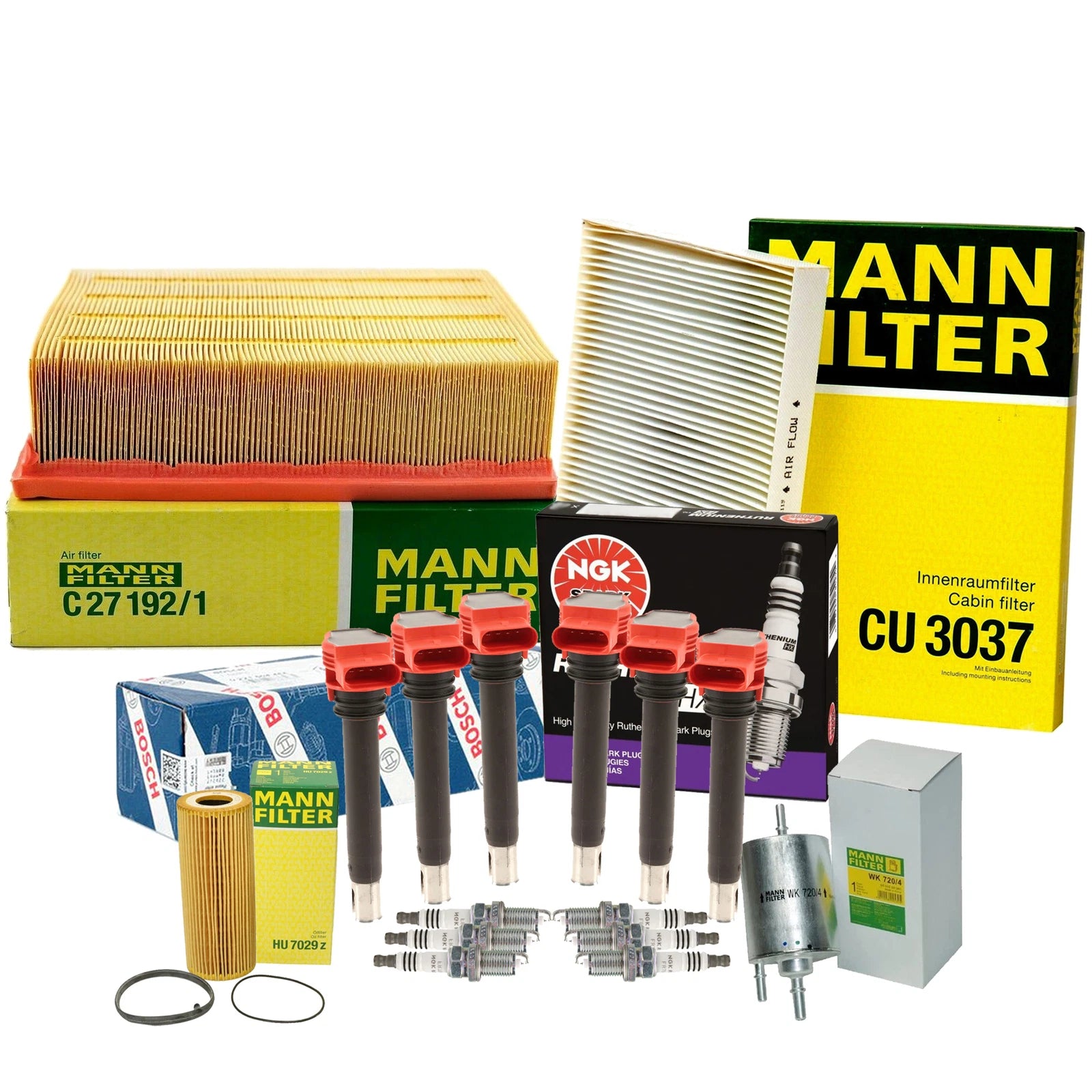 Tune-Up Kit with 6 Mann Filters, 6 Bosch Coils, 6 NGK RutheniumHX for Audi BKH