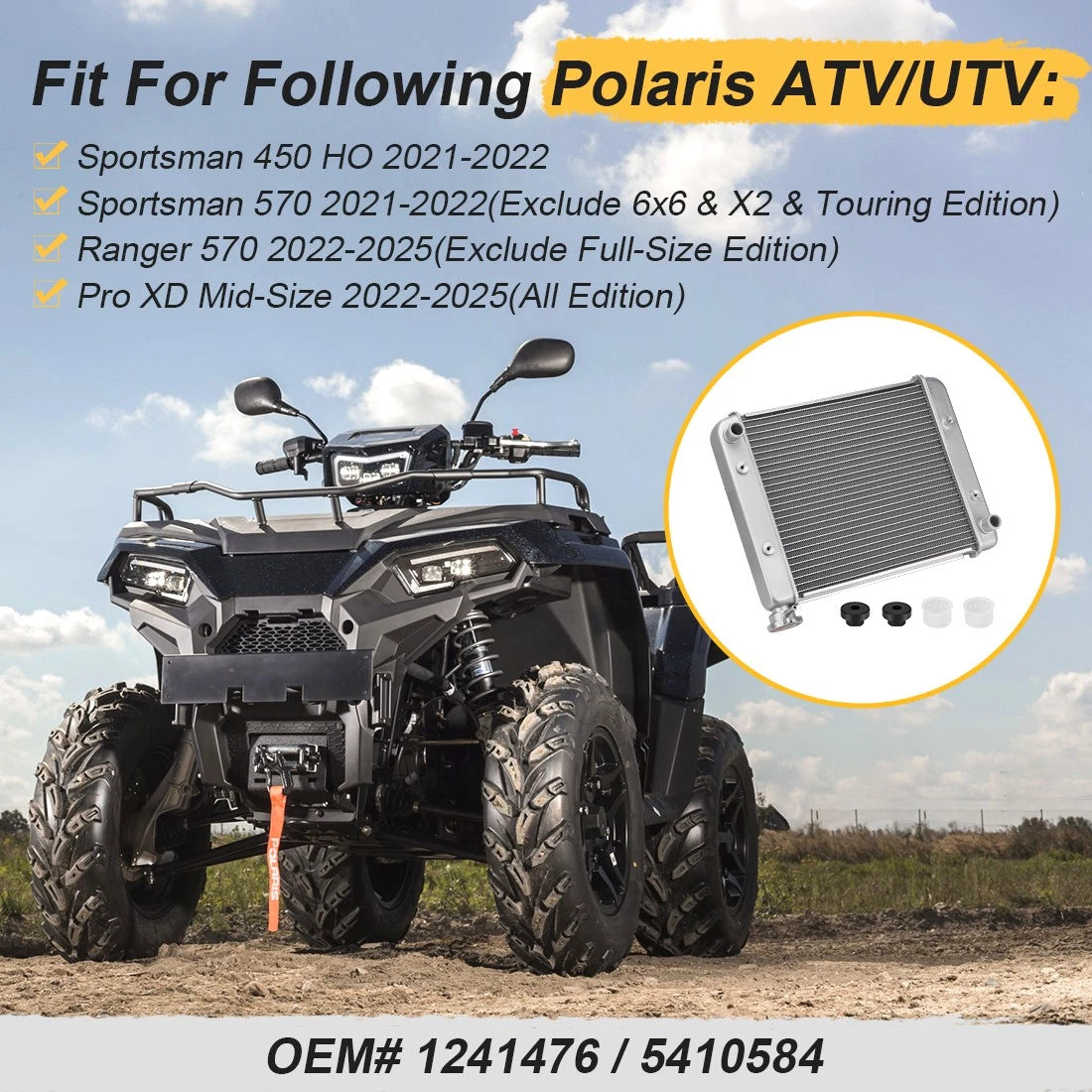 Radiator w/ Lower Mount Bushing for Polaris Sportsman 450 570 (2021–2022) 1241476