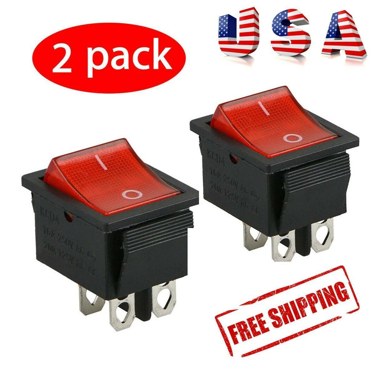 2X Red Rocker Switch DPST ON/OFF 16 Amp 250V for Automotive Applications