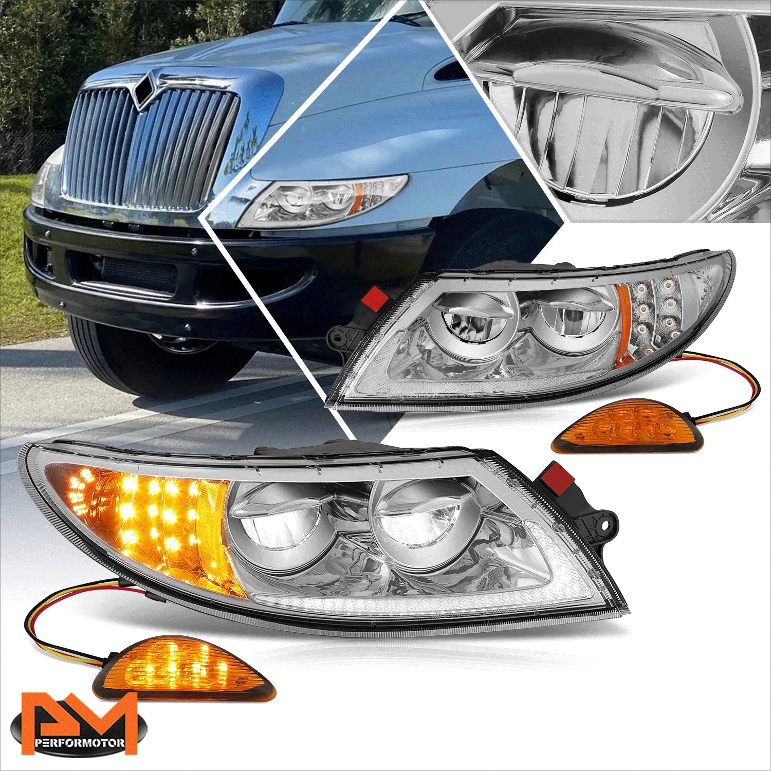 Full LED DRL Headlights Chrome/Amber for International Harvester 4100-8600 (2002–2015)