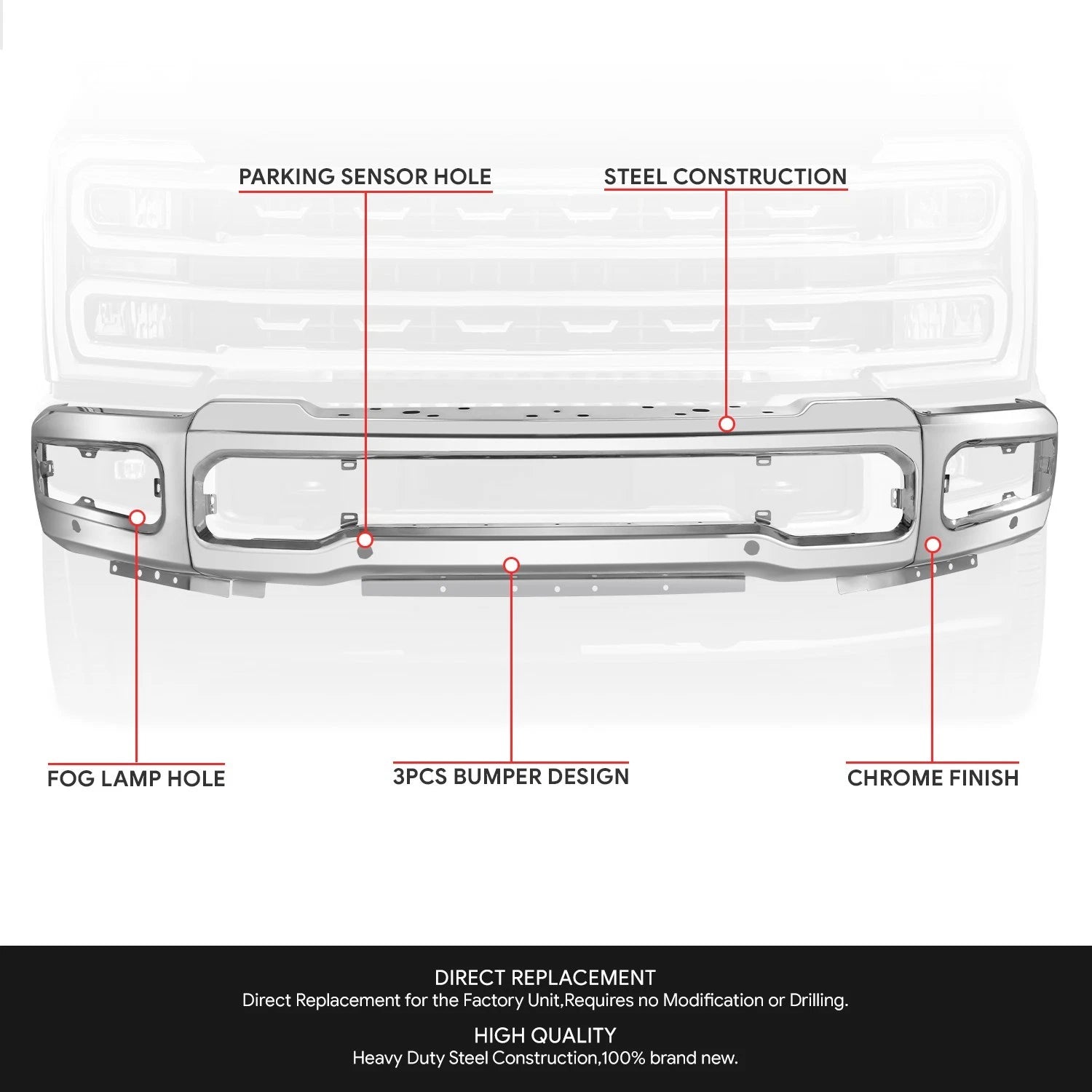 Chrome Front Bumper Face Bar for Ford F-250 F-350 SD (2023–2025)