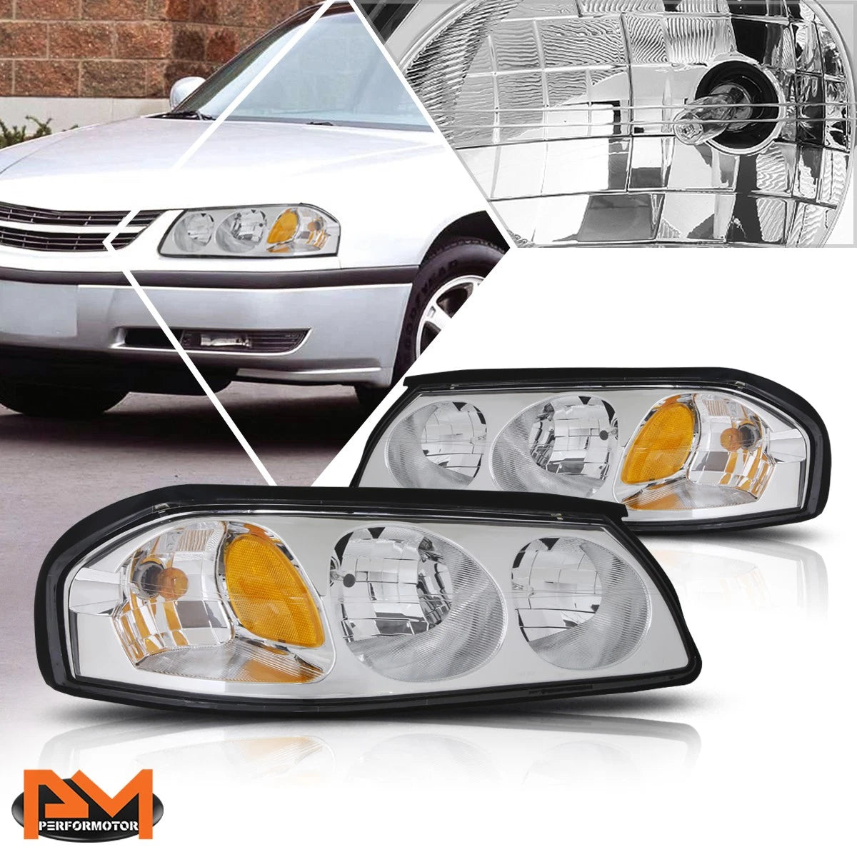 Chrome Housing Amber Corner Signal Headlight Lamps Pair for Chevy Impala (2000–2005)