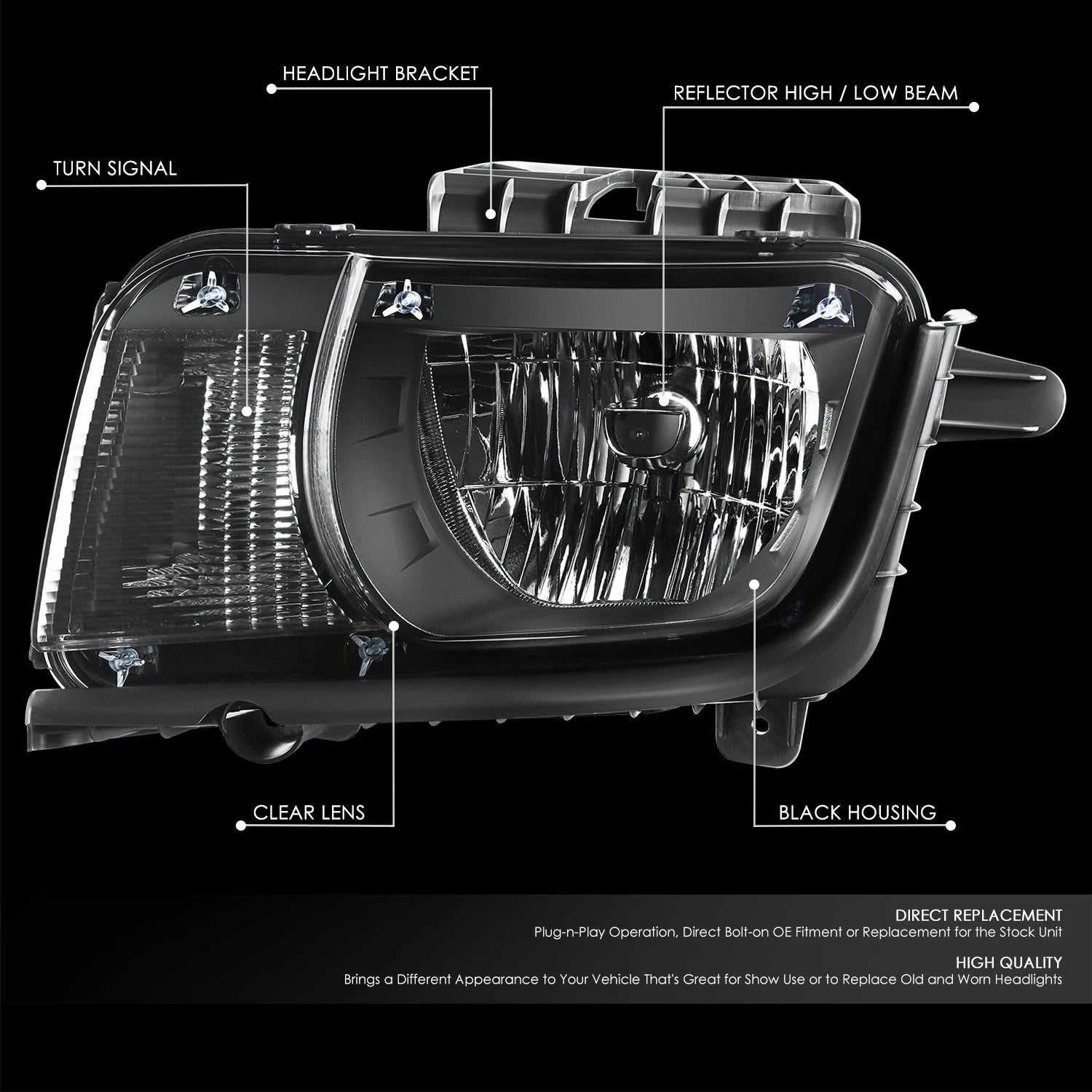 Driver Side Headlight Assembly for Chevy Camaro (2010–2013) OE Style Black Housing