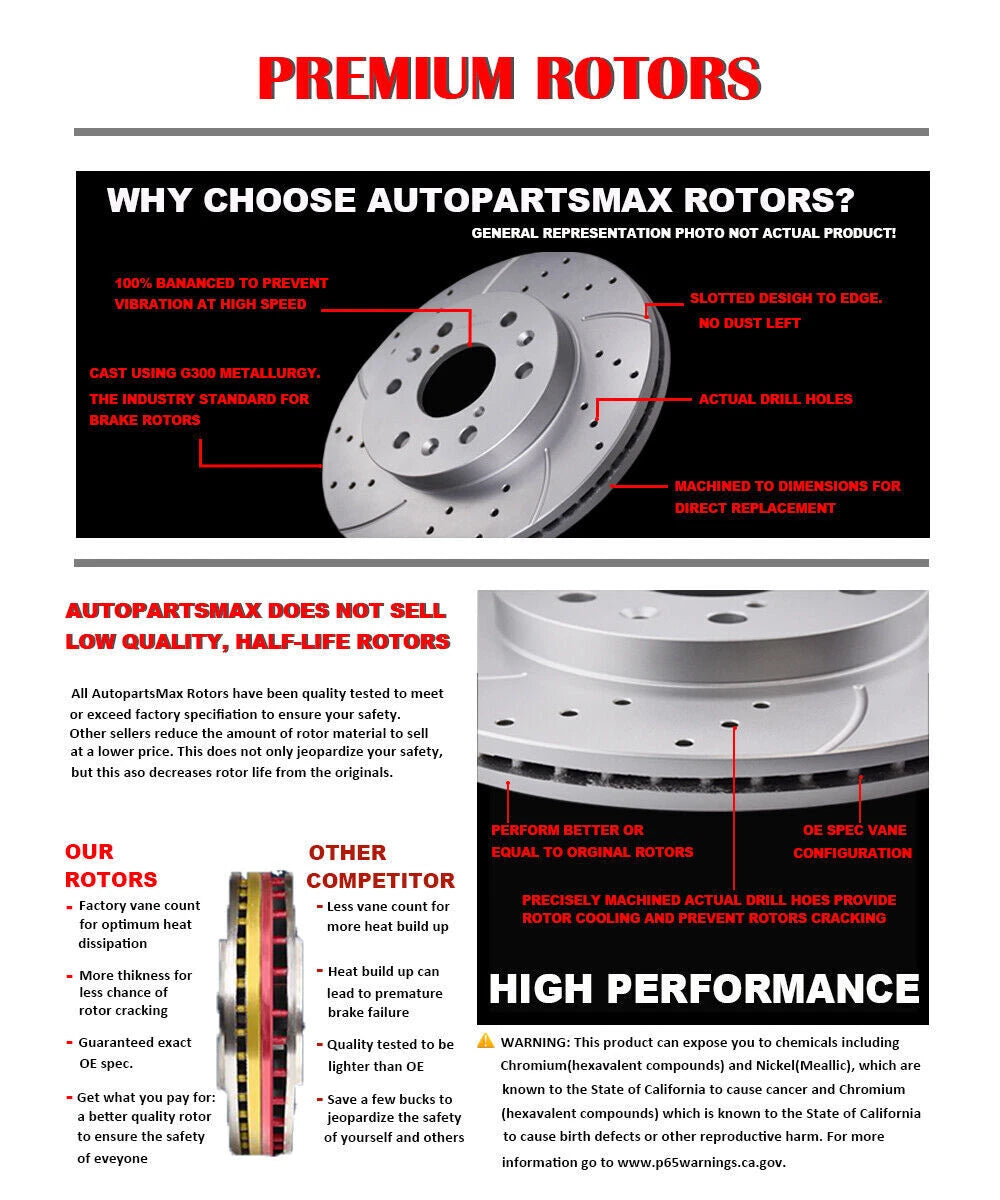 Rear Drilled Rotors and Brake Pads for Dodge Caliber, Mitsubishi Lancer, Jeep Compass