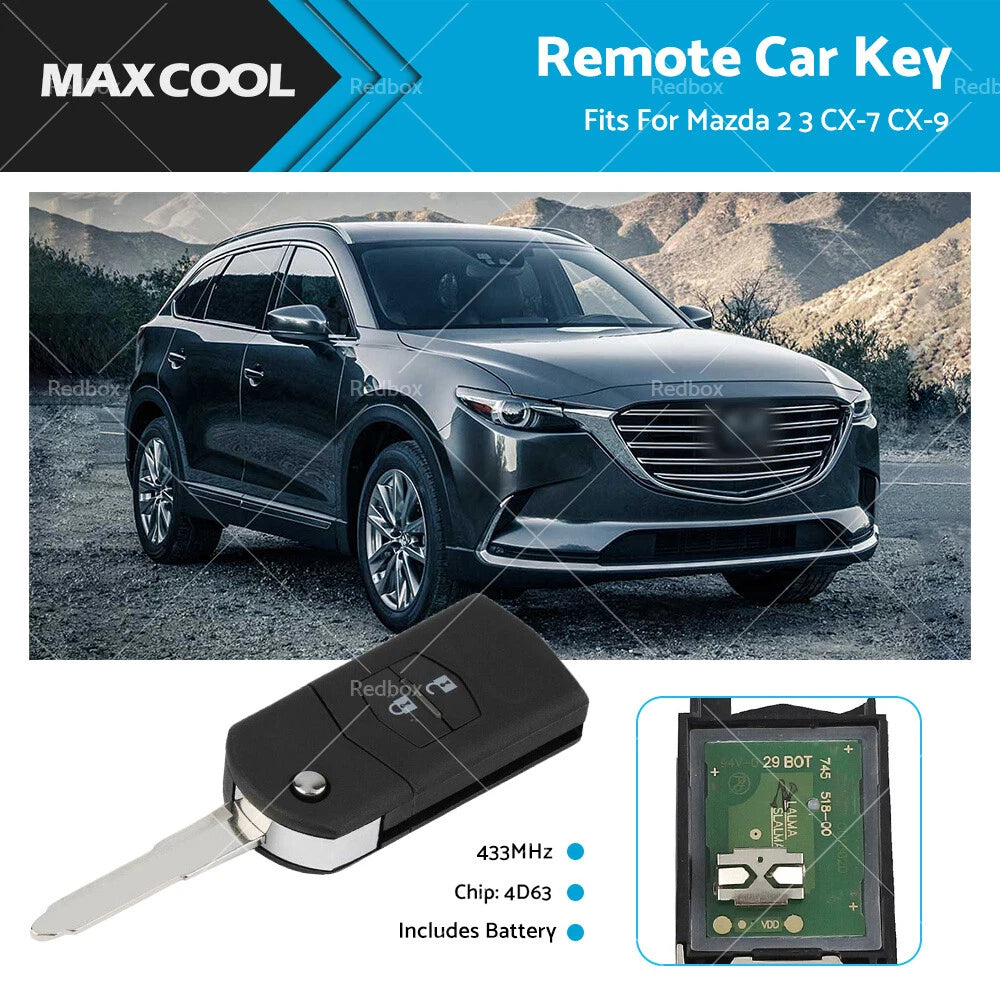 2 Button Remote Key 4D63 433MHz for Mazda 2 3 CX-7 CX-9 (2003–2020) SKE126-01