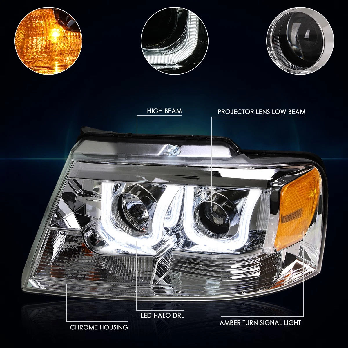 Dual LED DRL Projector Headlight for Ford F150/Mark LT (2004–2008)