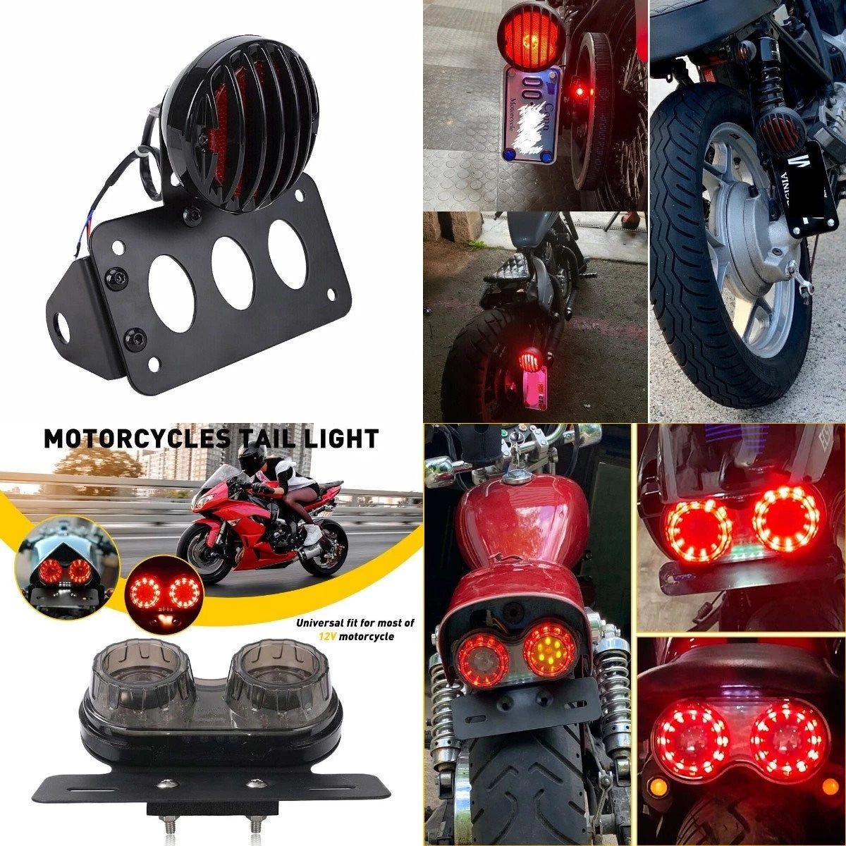 LED 1" Axle Motorcycle License Plate Bracket Tail Light for Chopper Bobber (H)