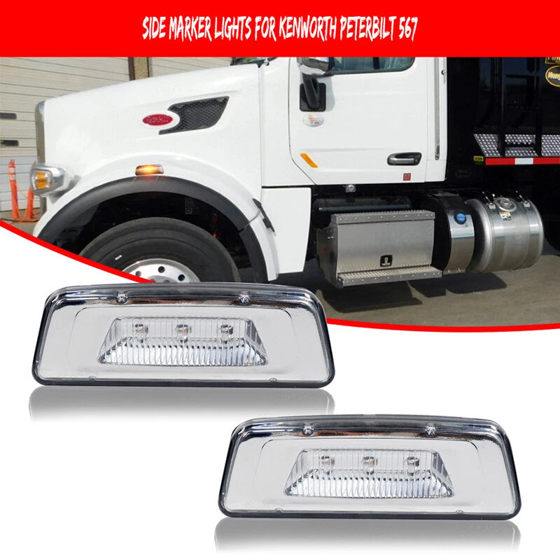 2X Clear Chrome Front Wheel Fender Side Marker Light for Kenworth T680 T700 T880
