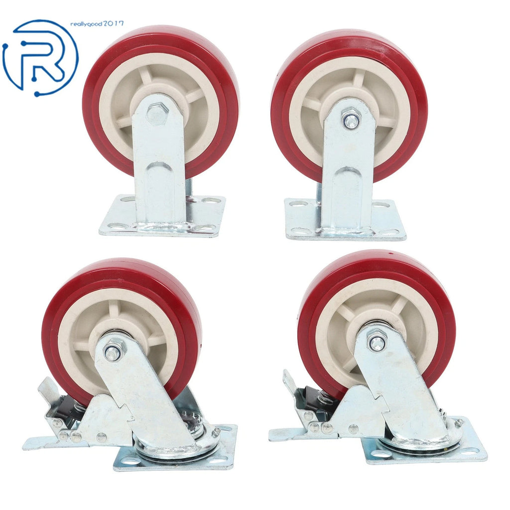 Set of 4 Red 6-Inch PU Casters with Brakes